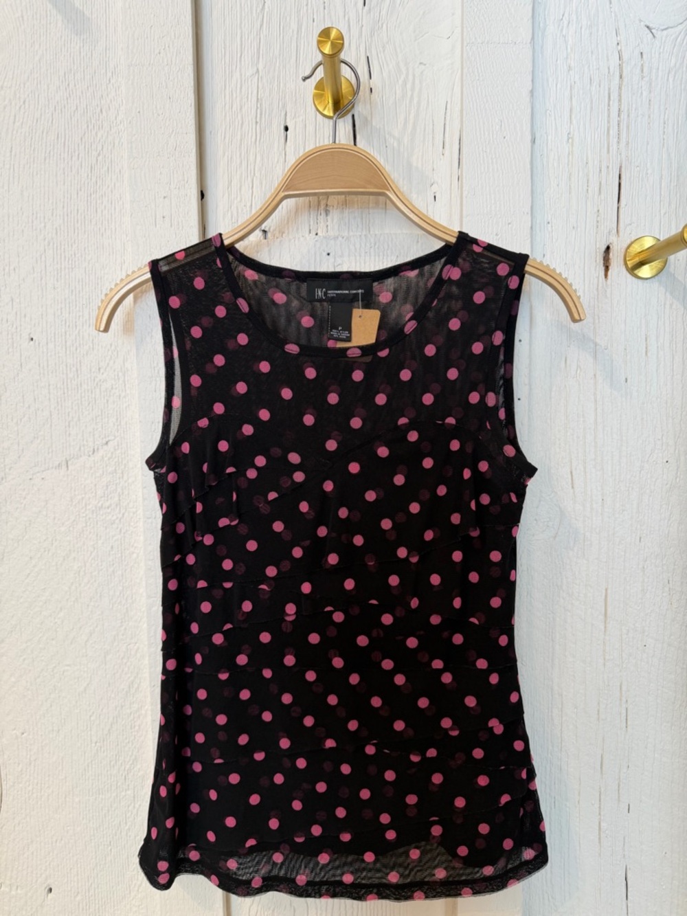 INC International Concepts Black Mesh Tank with Pink Polka Dots